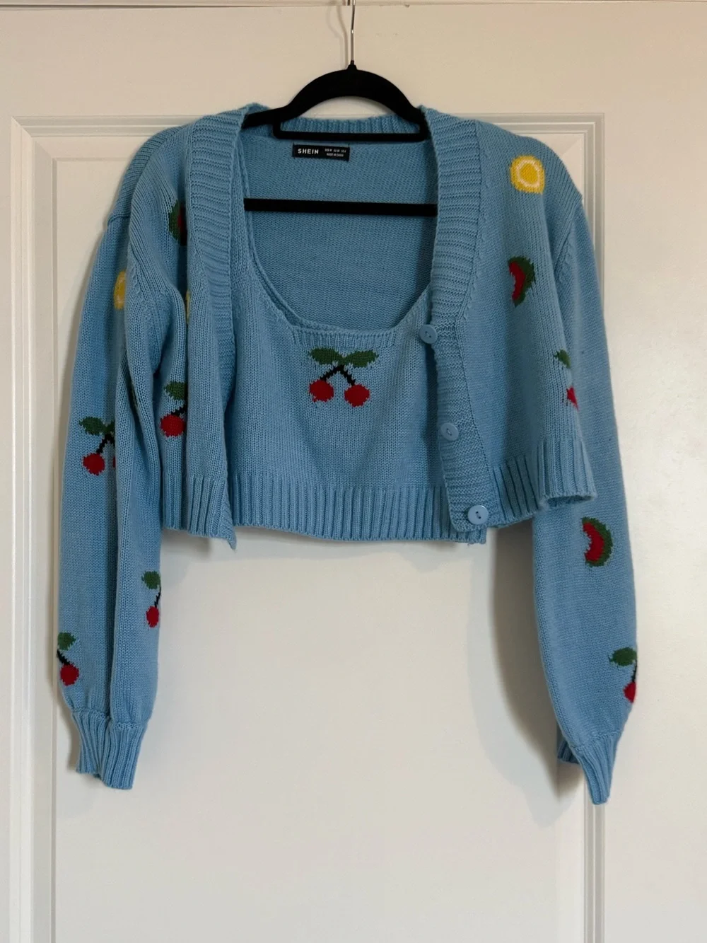 SHEIN Light Blue Cherry & Fruit Knit Cardigan and Cropped Tank Set